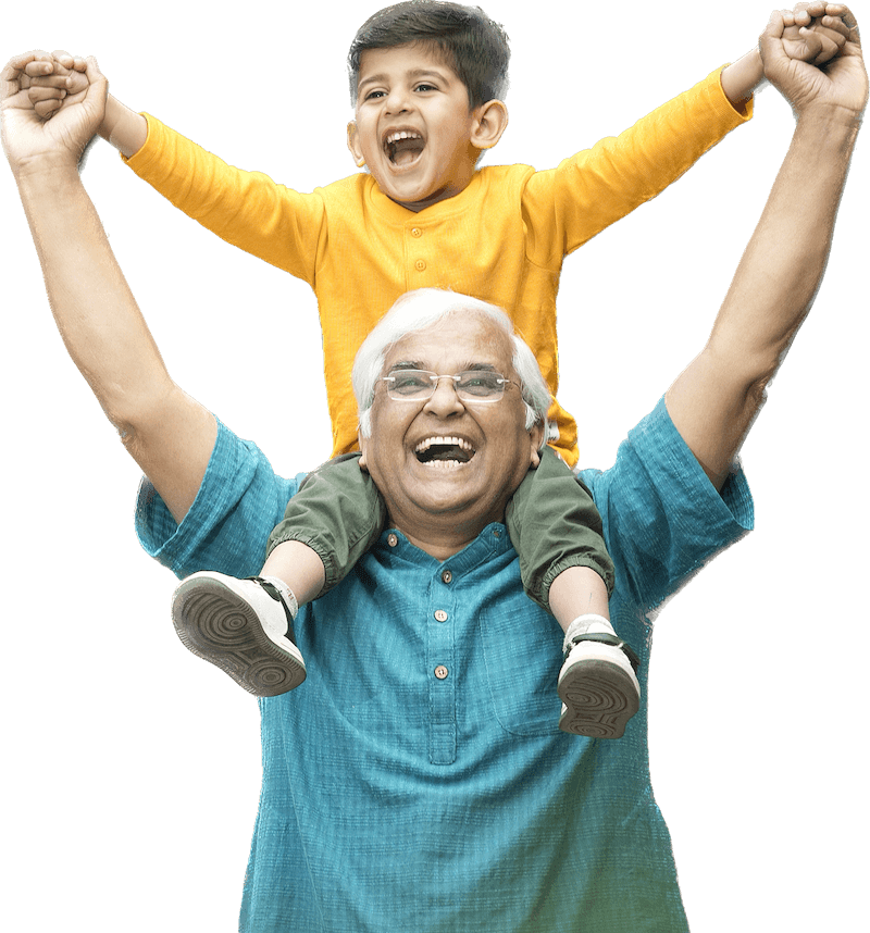 man holding grandson on shoulders